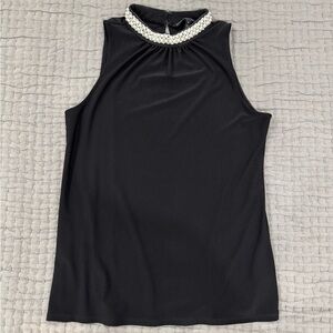 White House Black Market Women’s Sleeveless Faux Pearl Embellished Black Top